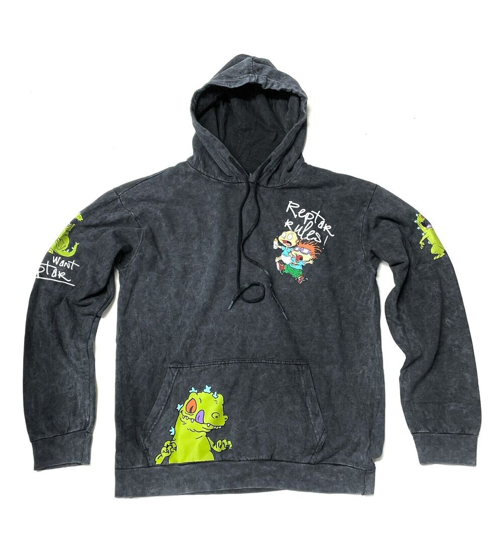 Rugrats Reptar Rules Hoodie Sz M Medium Unisex Nickelodeon Black Grey Acid Wash